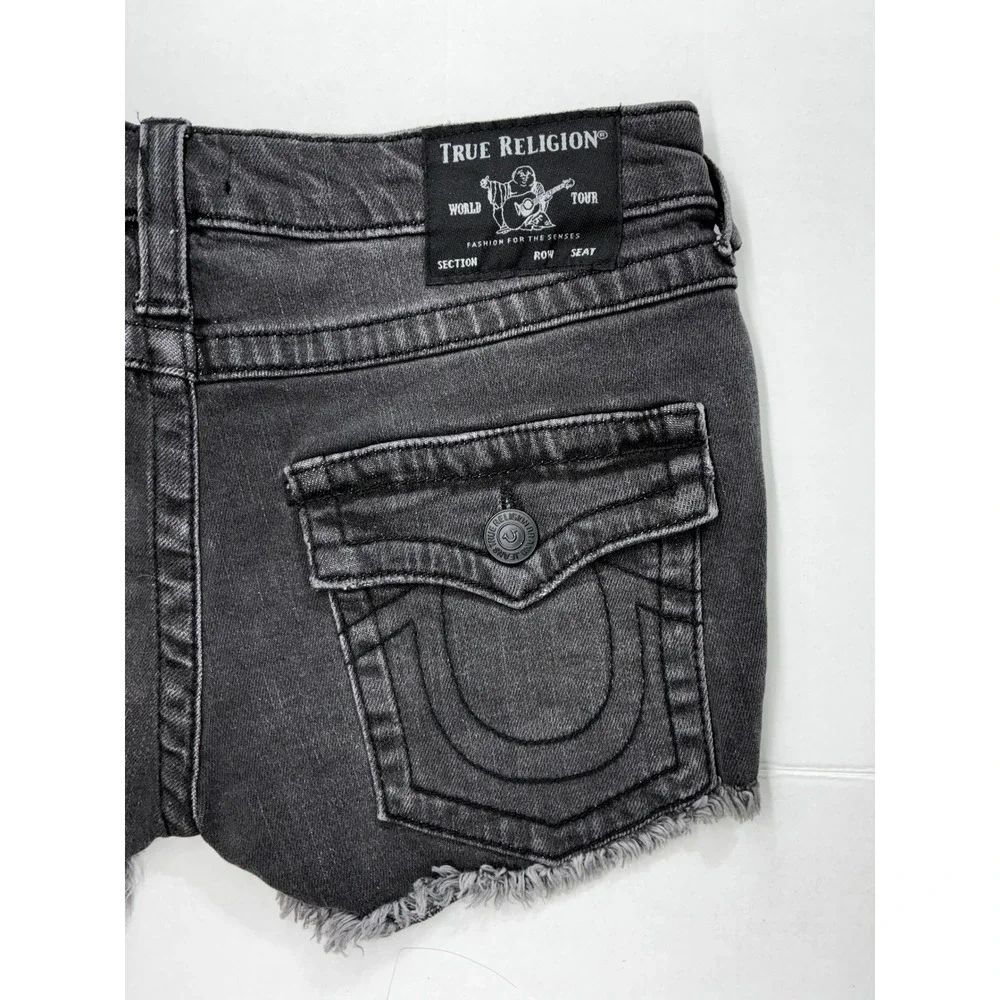 True Religion Joey Low Rise Cut Off Denim Shorts Moon Light Distressed Black 26